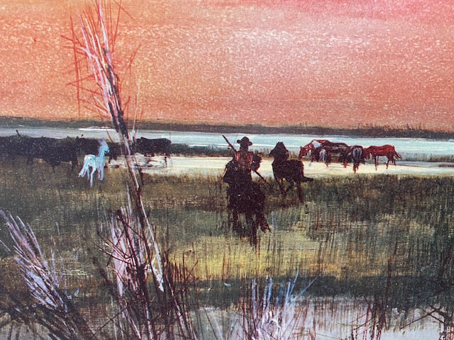 MID CENTURY FRAMED LITHOGRAPH 'THE ROUND UP'