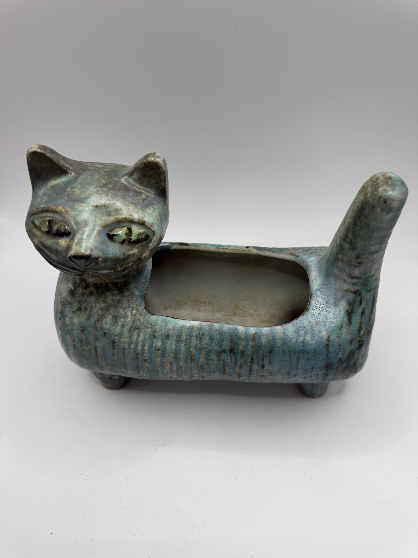 Mid-Century Ceramic Cat Planter / Holder in Pale Blue & Earthy Green