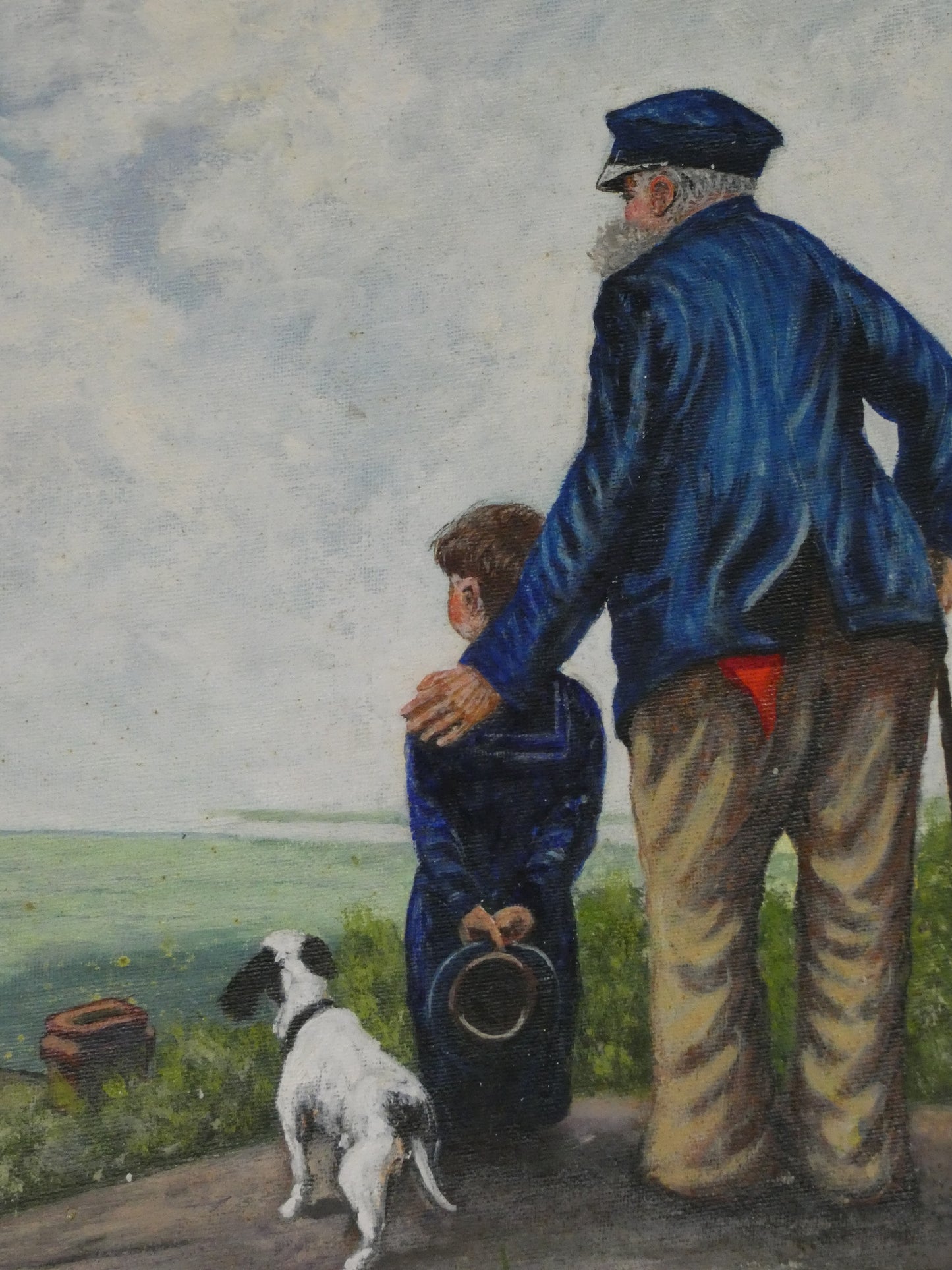 Vintage Oil Painting – Old Seaman, Grandson & Puppy by the Sea
