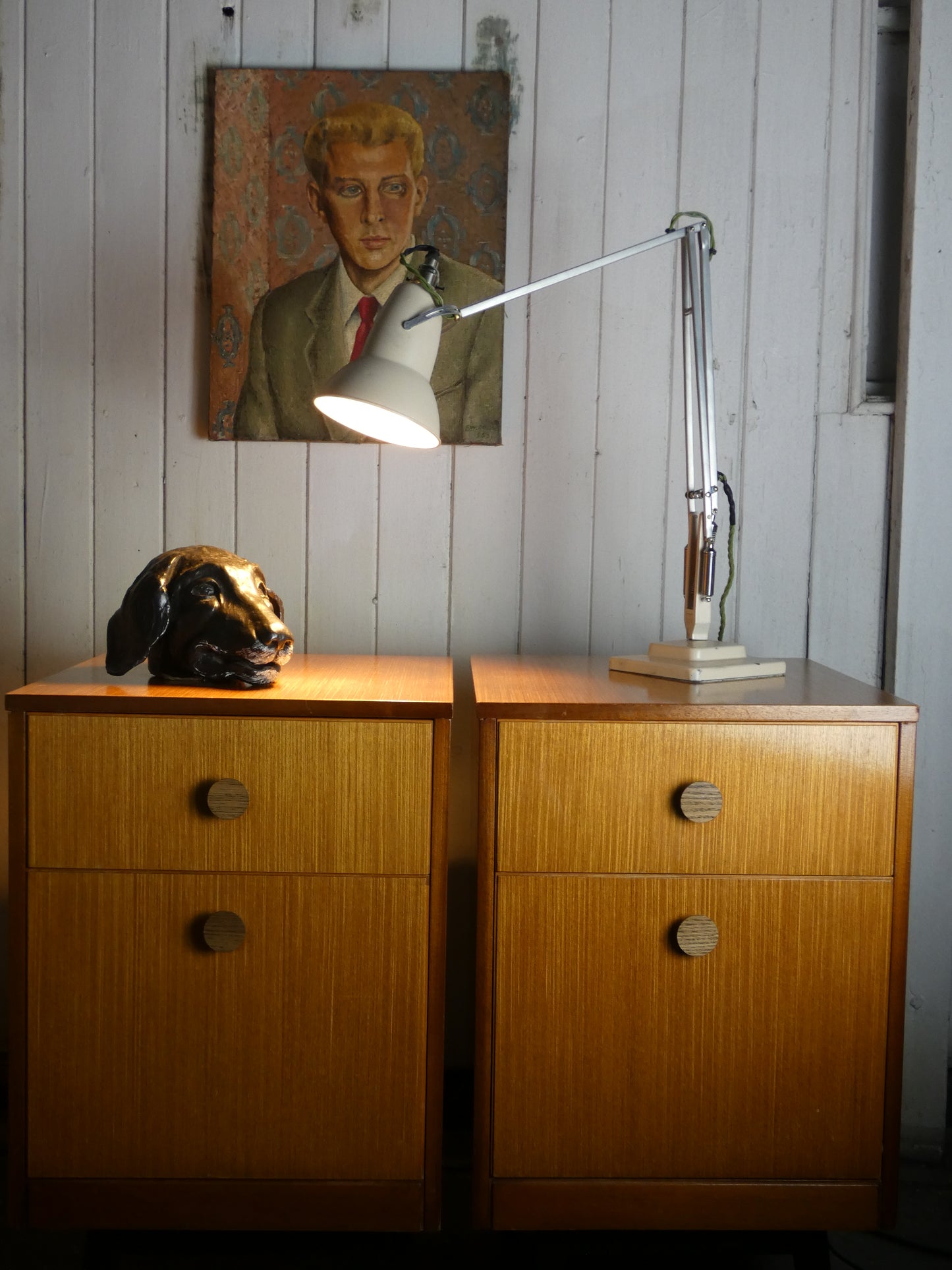 Pair of Mid-Century Teak Wooden Bedroom Side Tables with Two Drawers & Splayed Legs