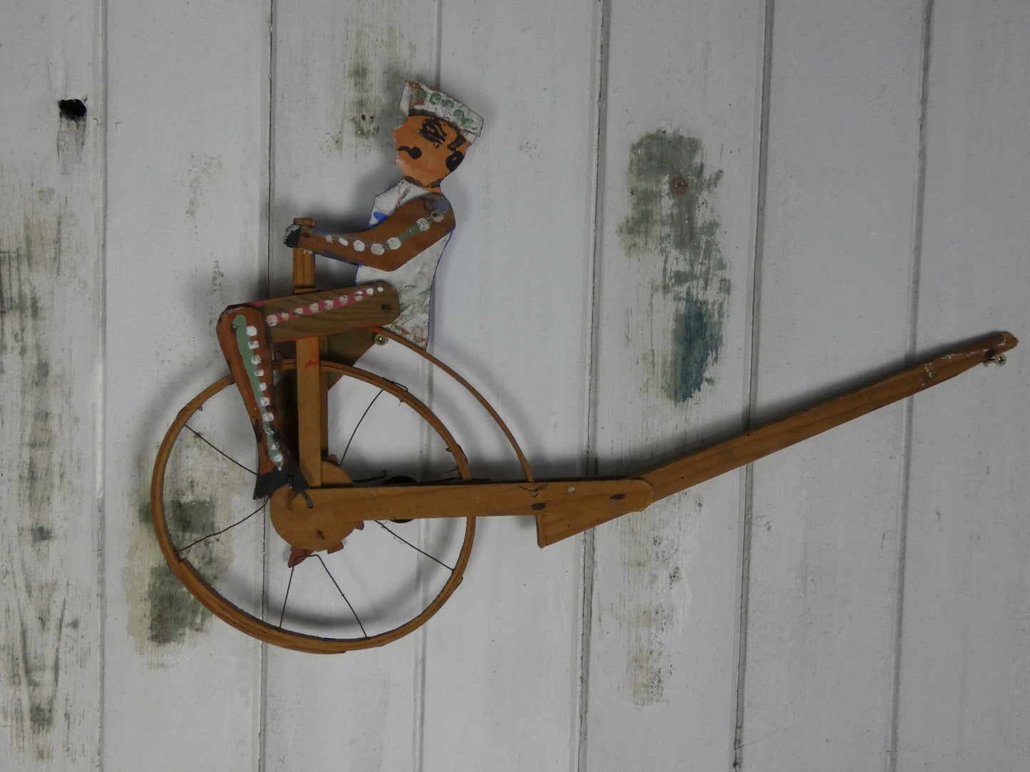 Vintage Folk Art Wooden Cycling Man / Toy – Handcrafted 1940s Kinetic Sculpture with Bell