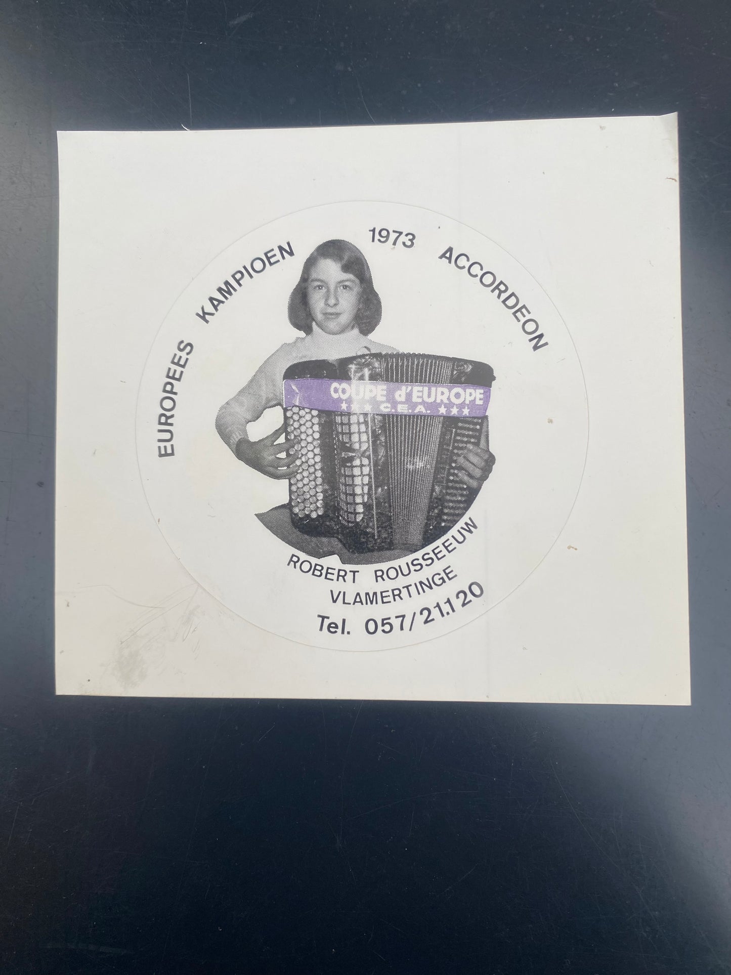 Flemish Belgium Sticker EUROPEES KAMPIOEN 1973 ACCORDEON ROBERT ROUSSEEUW VLAMERTINGE