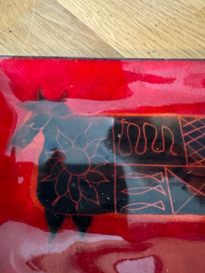Maggie Howe Mid Century Enamel Cow Dish - Red  Enameled Copper Dish
