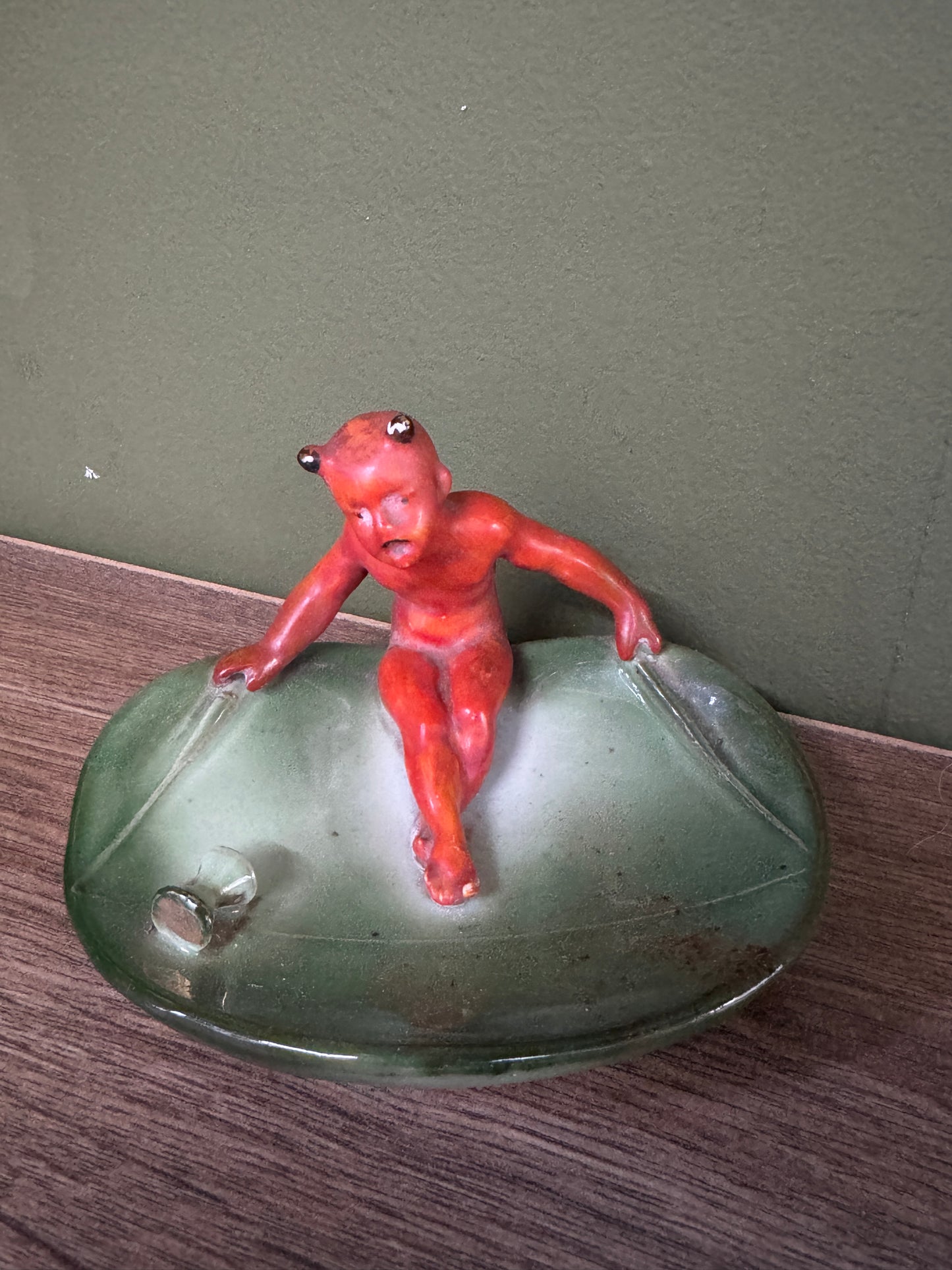 Vintage West German Green Ceramic Pin Tray with Red Devil Figurine – Mid-Century Kitsch Charm