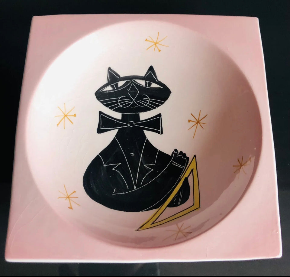 Vintage Mid Century Modern Sica Italy Ceramic Jazz Cat Dish Pink.