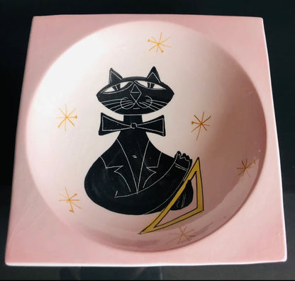 Vintage Mid Century Modern Sica Italy Ceramic Jazz Cat Dish Pink.