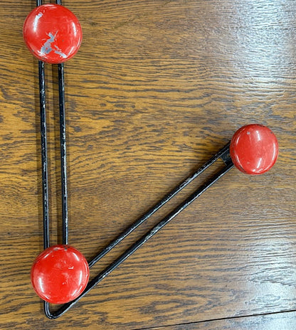 Vintage Modernist French Coat Hooks – Black with Bright Red Knobs (Set of 2 Sizes)