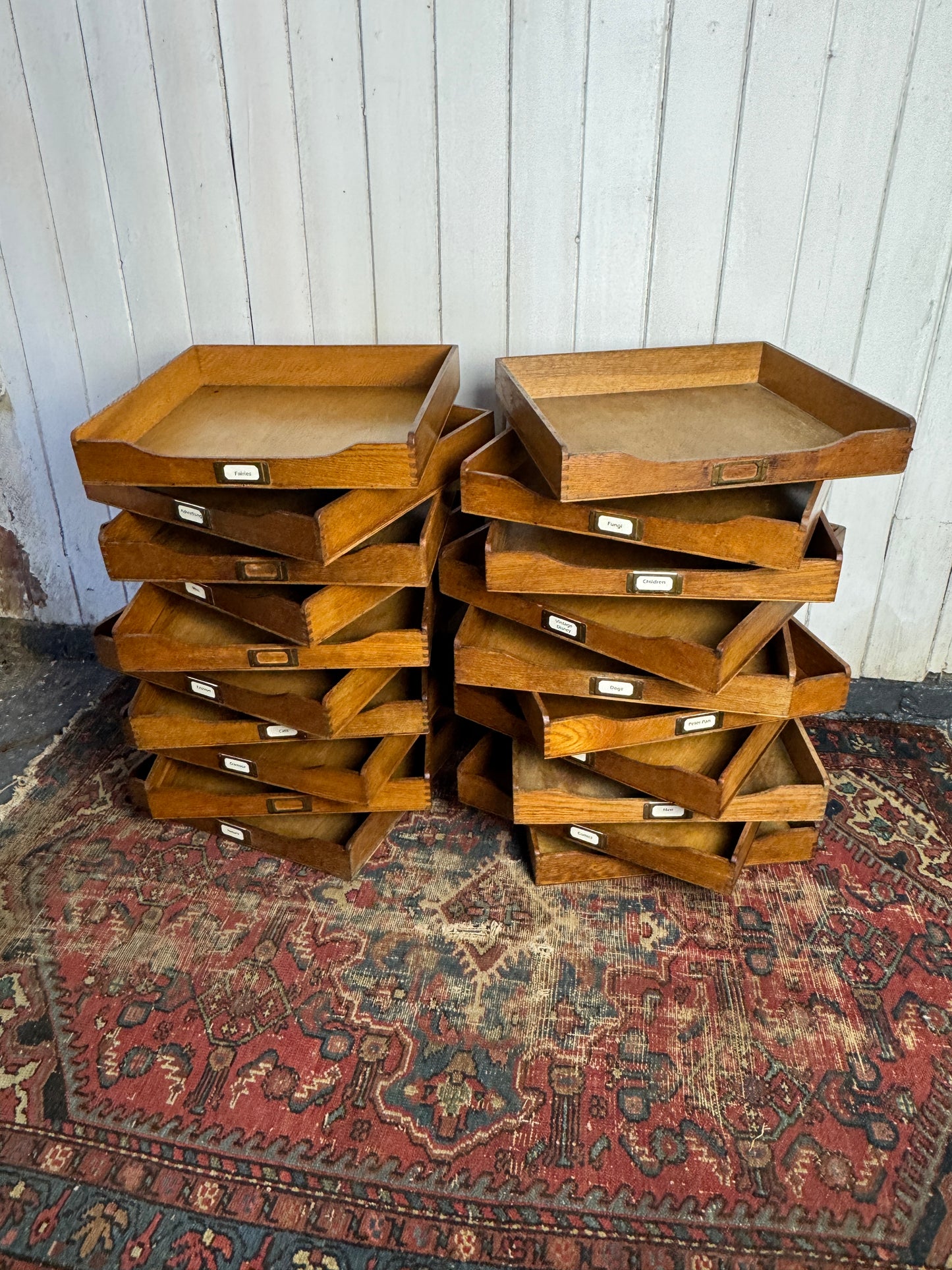 Antique Wooden File Trays – Stackable Paper Organiser with Brass Labels