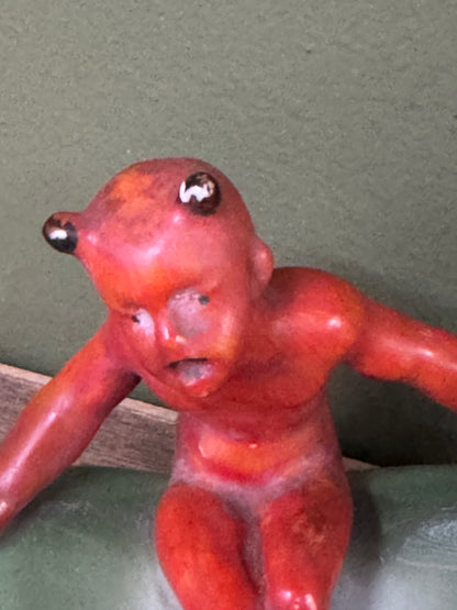 Vintage West German Green Ceramic Pin Tray with Red Devil Figurine – Mid-Century Kitsch Charm