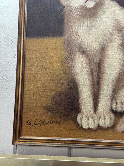 Oil Painting of White Cat with Hot Lava Vase – 1960s by B. Laddon
