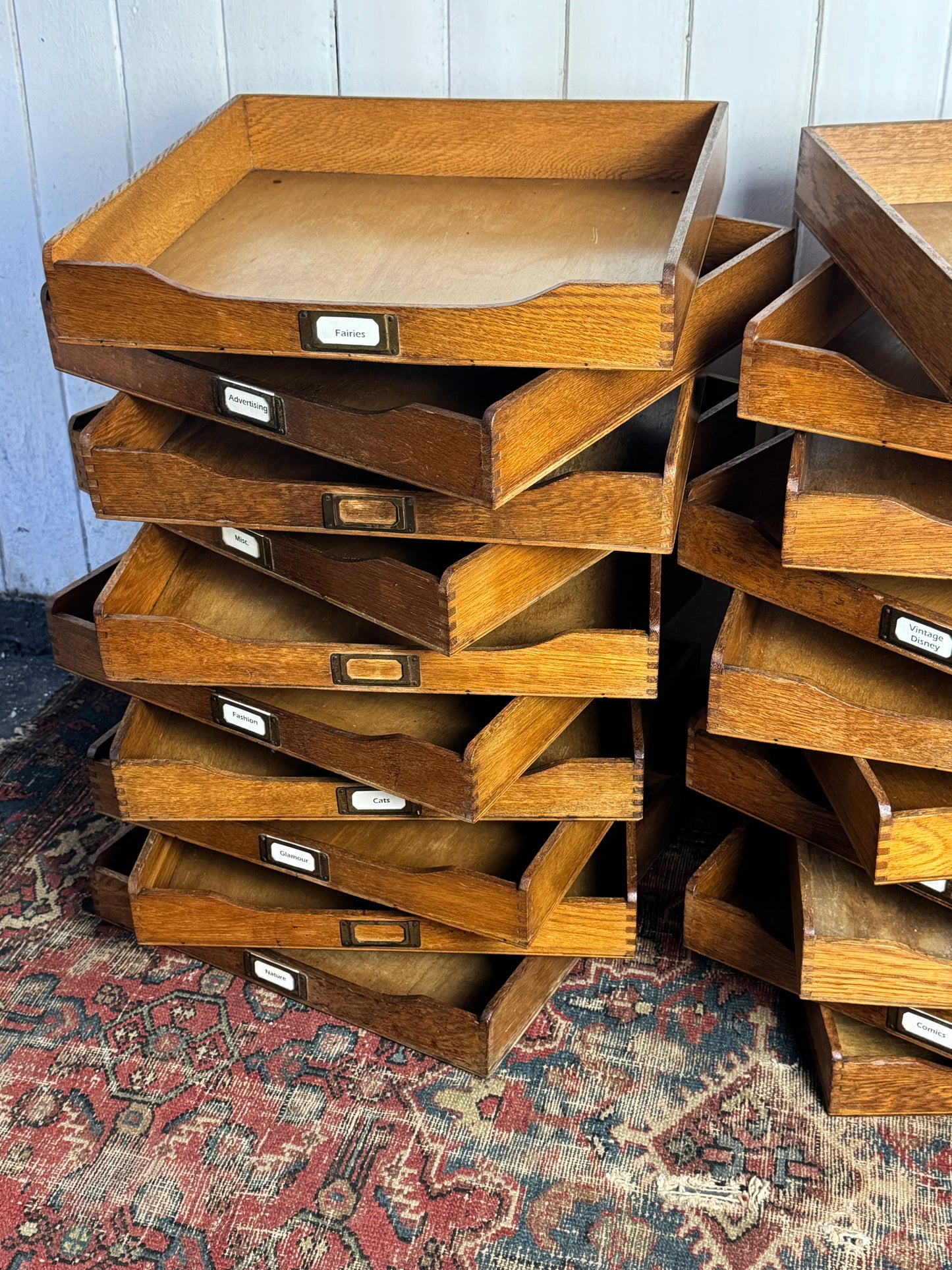 Antique Wooden File Trays – Stackable Paper Organiser with Brass Labels