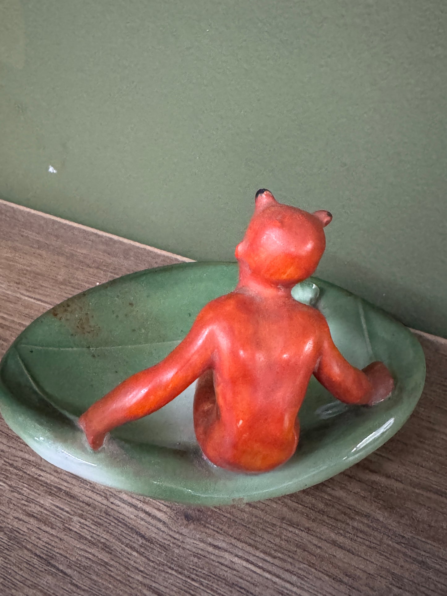 Vintage West German Green Ceramic Pin Tray with Red Devil Figurine – Mid-Century Kitsch Charm