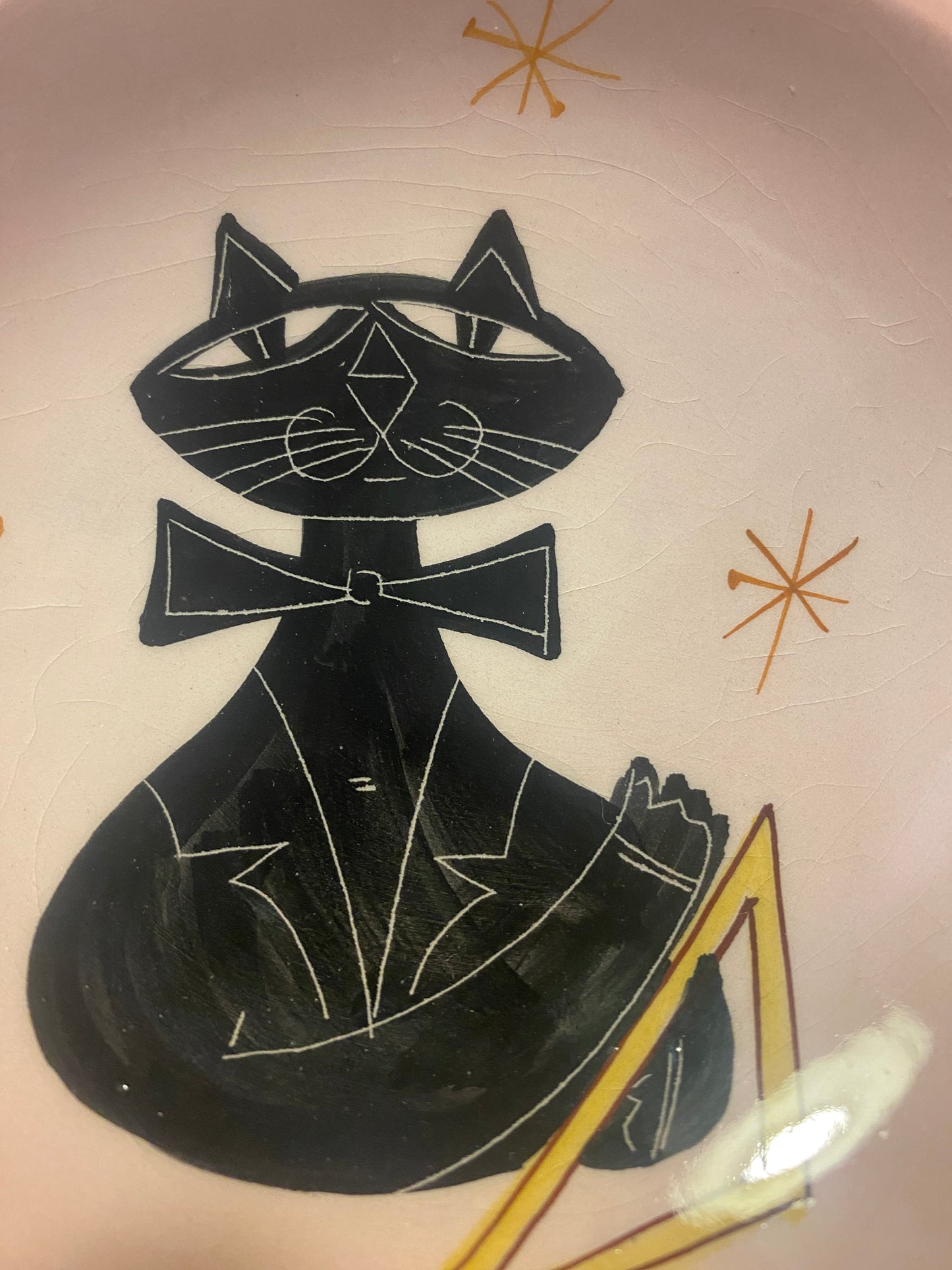 Vintage Mid Century Modern Sica Italy Ceramic Jazz Cat Dish Pink.