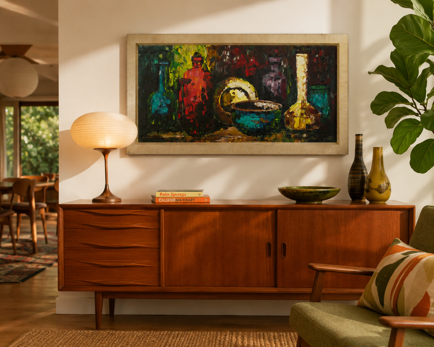 Vintage Mid-Century Modern Still Life Oil Painting – Vibrant Bottles & Bowl Composition, Large Framed Artwork
