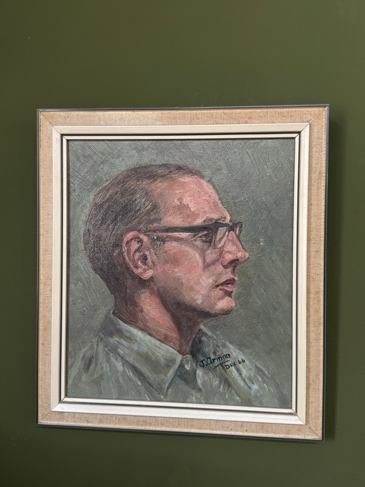 Vintage 1966 Oil Portrait by J. Arman – Sultry Gentleman in 1960s Business Attire