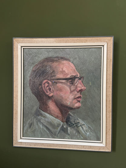 Vintage 1966 Oil Portrait by J. Arman – Sultry Gentleman in 1960s Business Attire