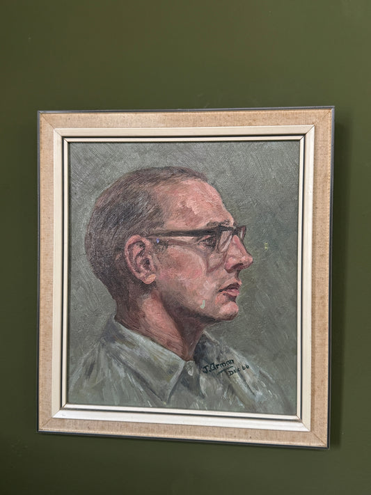 Vintage 1966 Oil Portrait by J. Arman – Sultry Gentleman in 1960s Business Attire