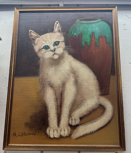 Oil Painting of White Cat with Hot Lava Vase – 1960s by B. Laddon