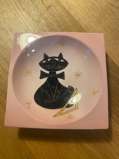 Vintage Mid Century Modern Sica Italy Ceramic Jazz Cat Dish Pink.