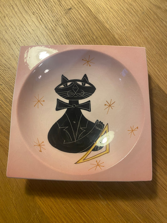 Vintage Mid Century Modern Sica Italy Ceramic Jazz Cat Dish Pink.