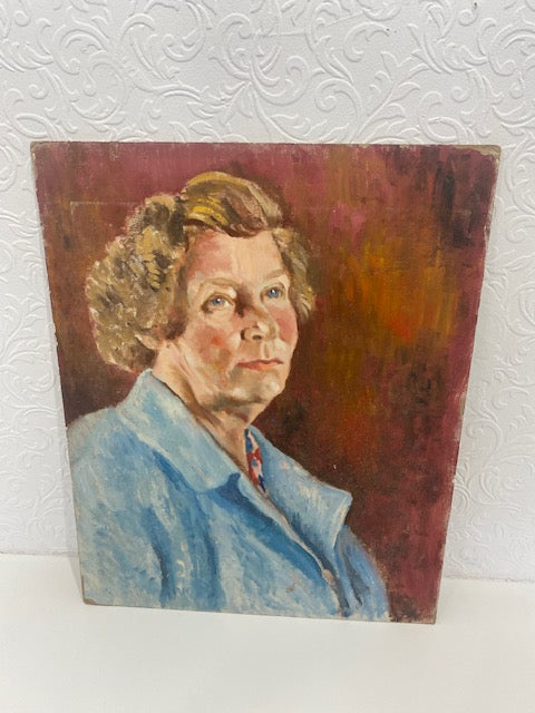 woman blue jacket -  oil on board