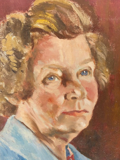 woman blue jacket -  oil on board