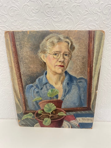Portrait in Mirror Plant and woman oil on board
