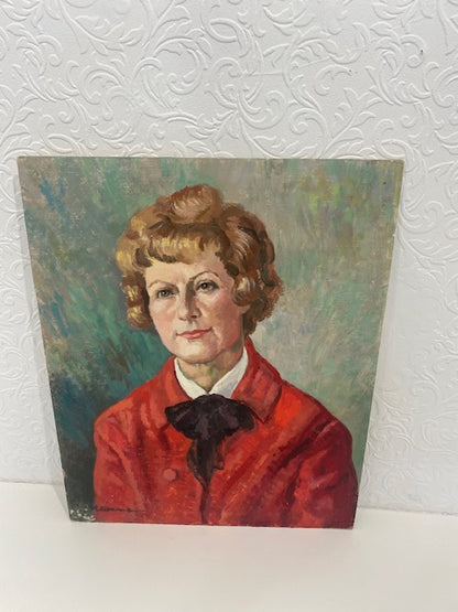 red jacket woman oil on board