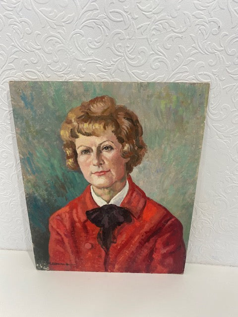 red jacket woman oil on board