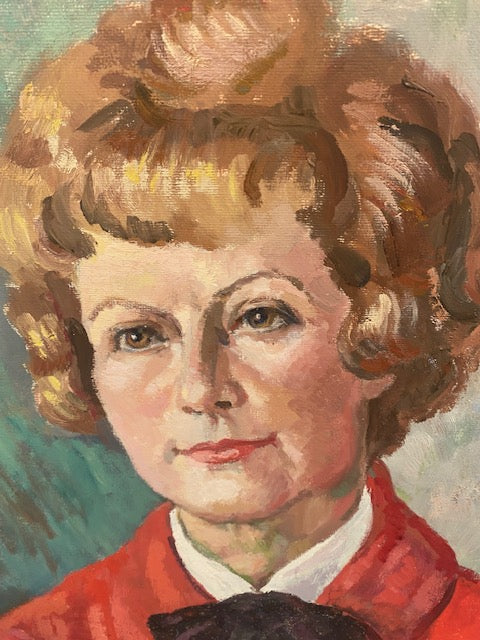 red jacket woman oil on board