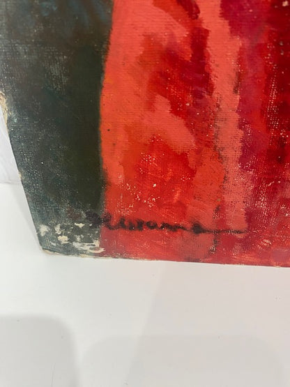 red jacket woman oil on board