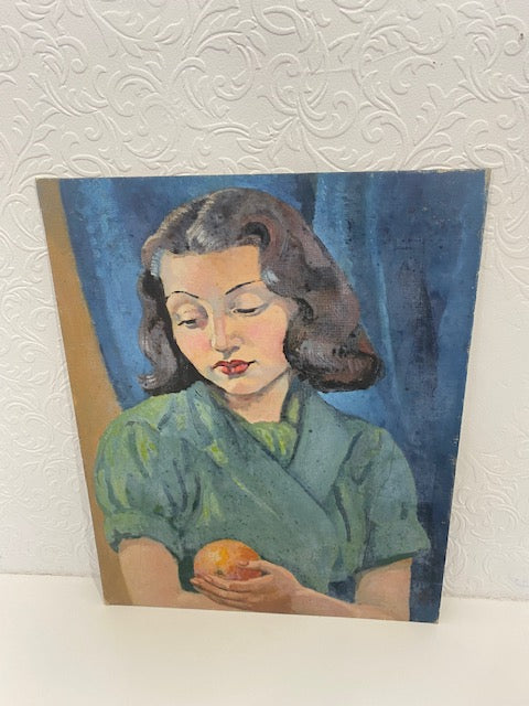 Beautiful Girl with Orange on Oil Board