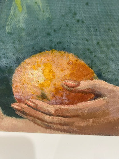 Beautiful Girl with Orange on Oil Board
