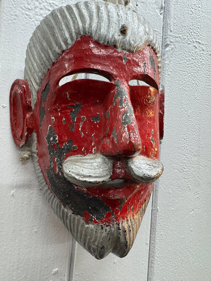 VERY EARLY Mexican Moro Dance Mask – Hand-Carved Wood, Red & Silver – Exceptional Beard Detail (23 x 23 cm)