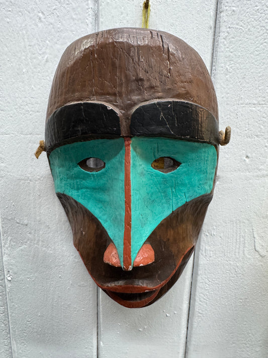 Canadian Shaman’s Tribal Mask – Handcrafted Ceramic – Terracotta, Brown & Aqua (15 x 24.5 cm)