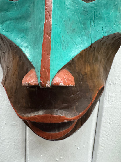 Canadian Shaman’s Tribal Mask – Handcrafted Ceramic – Terracotta, Brown & Aqua (15 x 24.5 cm)
