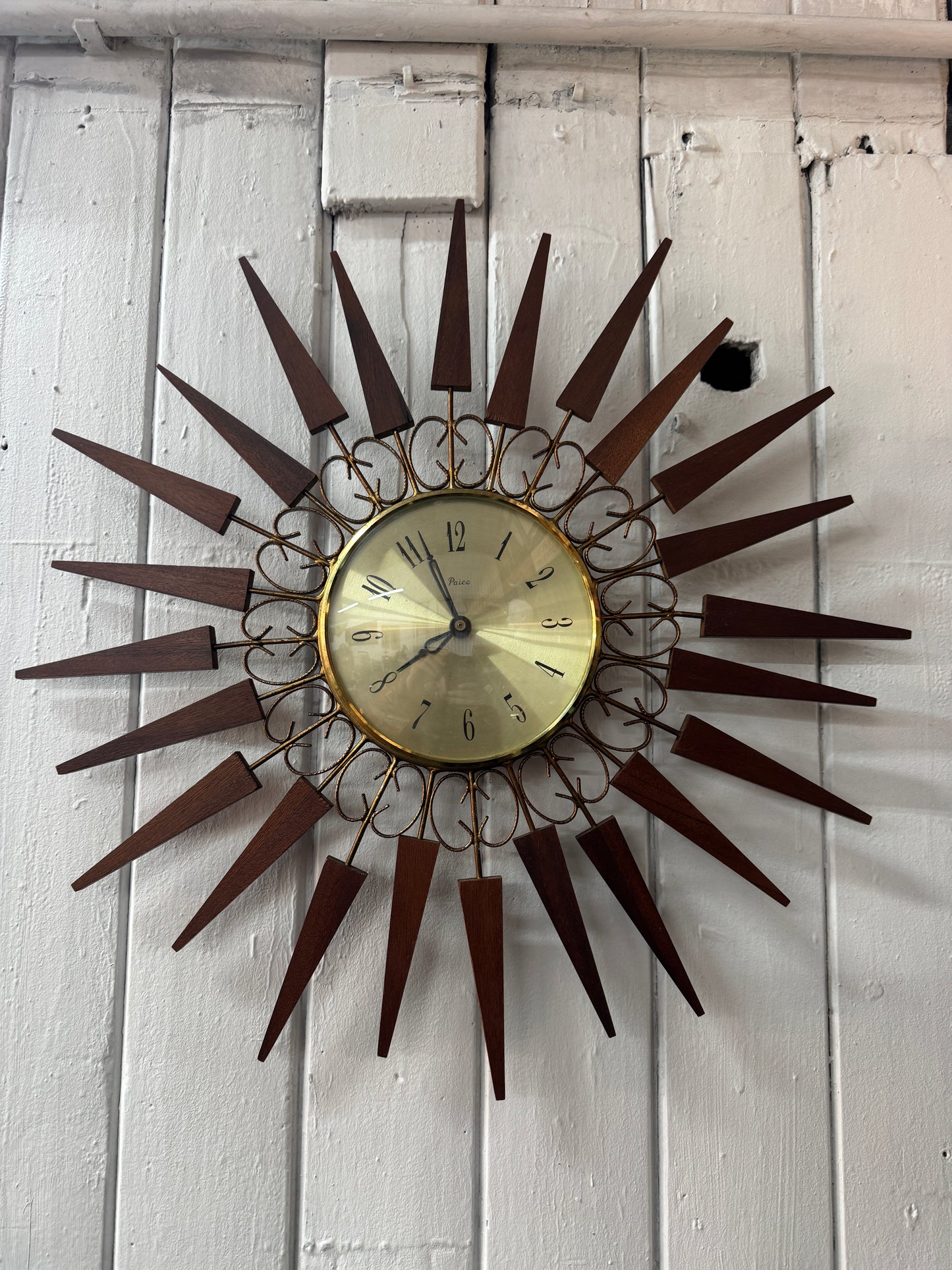 Vintage Mid-Century Modern Paico Sunburst Wall Clock – Teak & Brass Starburst Design, 1960s–1970s