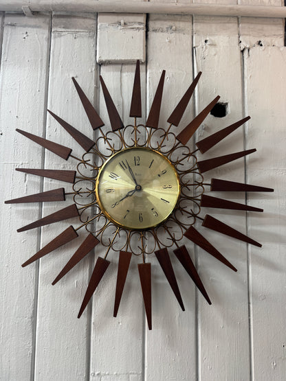 Vintage Mid-Century Modern Paico Sunburst Wall Clock – Teak & Brass Starburst Design, 1960s–1970s