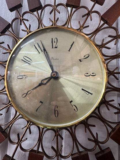 Vintage Mid-Century Modern Paico Sunburst Wall Clock – Teak & Brass Starburst Design, 1960s–1970s