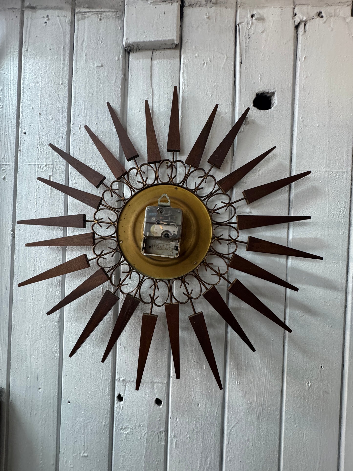 Vintage Mid-Century Modern Paico Sunburst Wall Clock – Teak & Brass Starburst Design, 1960s–1970s
