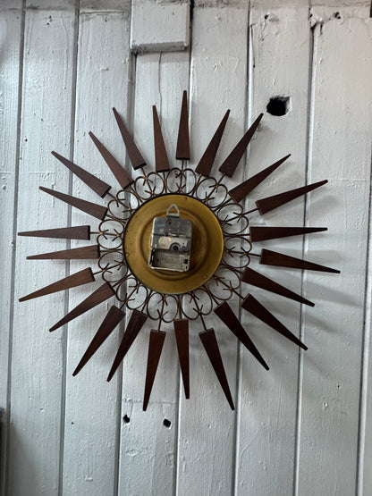 Vintage Mid-Century Modern Paico Sunburst Wall Clock – Teak & Brass Starburst Design, 1960s–1970s
