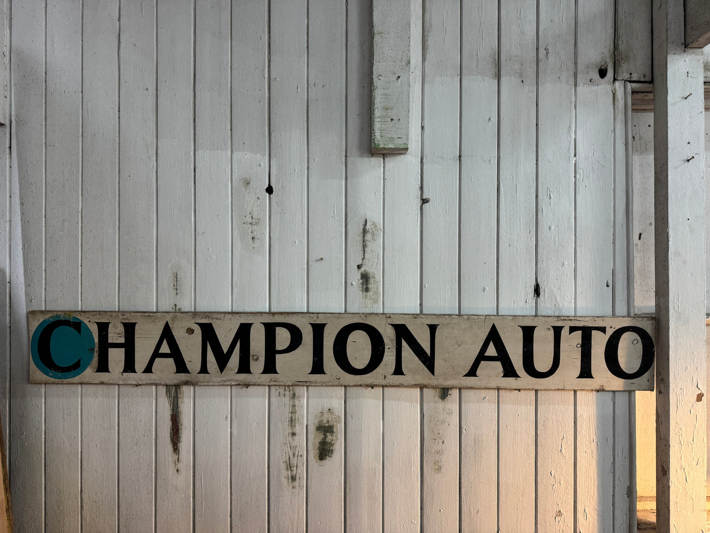 Vintage 1950s Champion Auto Stores Hand-Painted Wooden Sign – Automotive Advertising Memorabilia