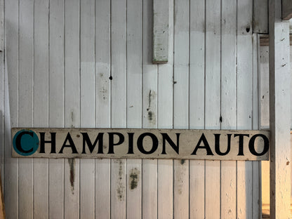 Vintage 1950s Champion Auto Stores Hand-Painted Wooden Sign – Automotive Advertising Memorabilia