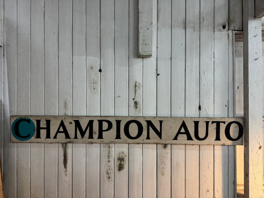 Vintage 1950s Champion Auto Stores Hand-Painted Wooden Sign – Automotive Advertising Memorabilia