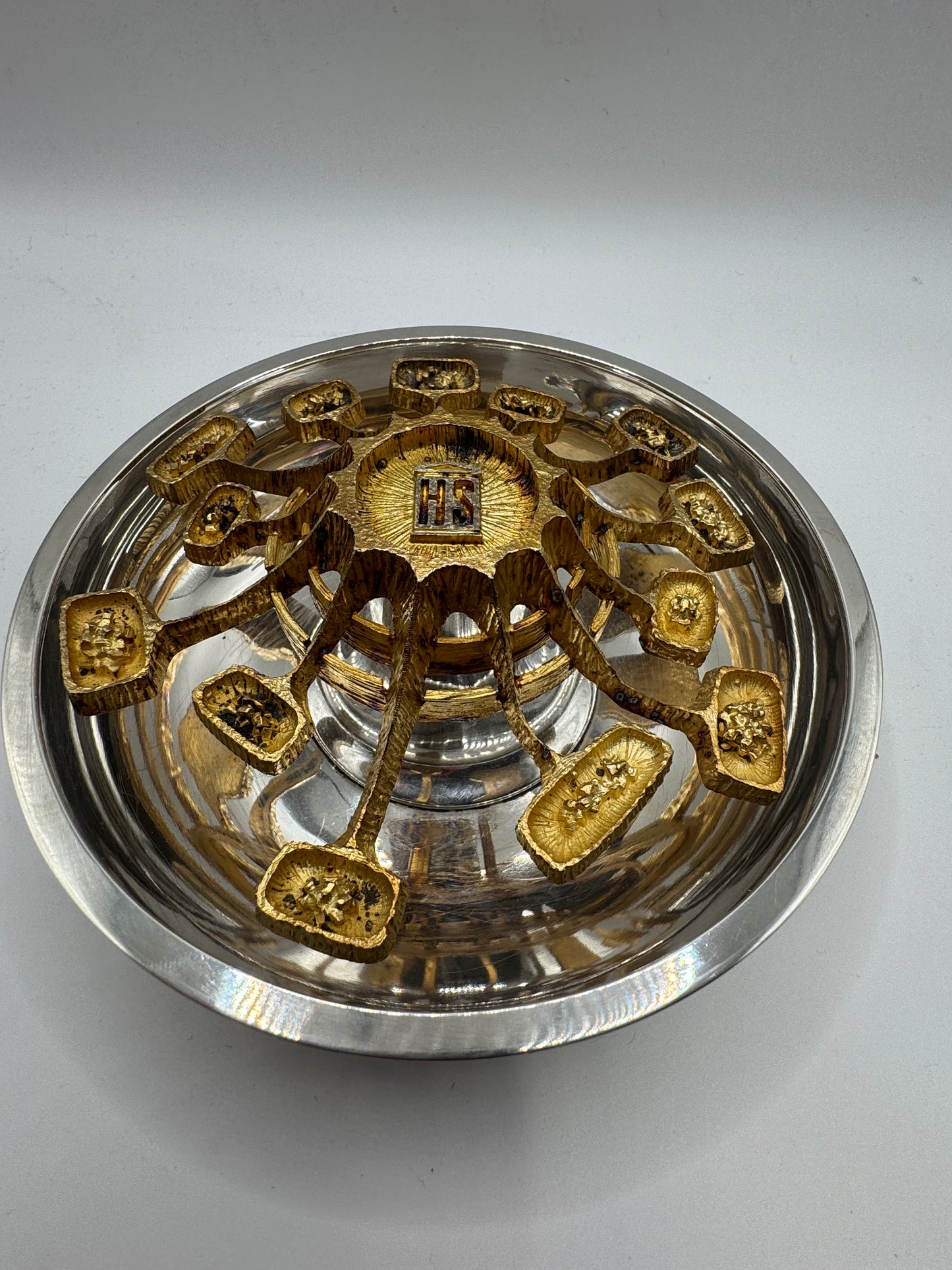 Brutalist Solid Silver Rose Bowl by Christopher Lawrence – London 1973, Hallmarked, Silver Gilt Centre