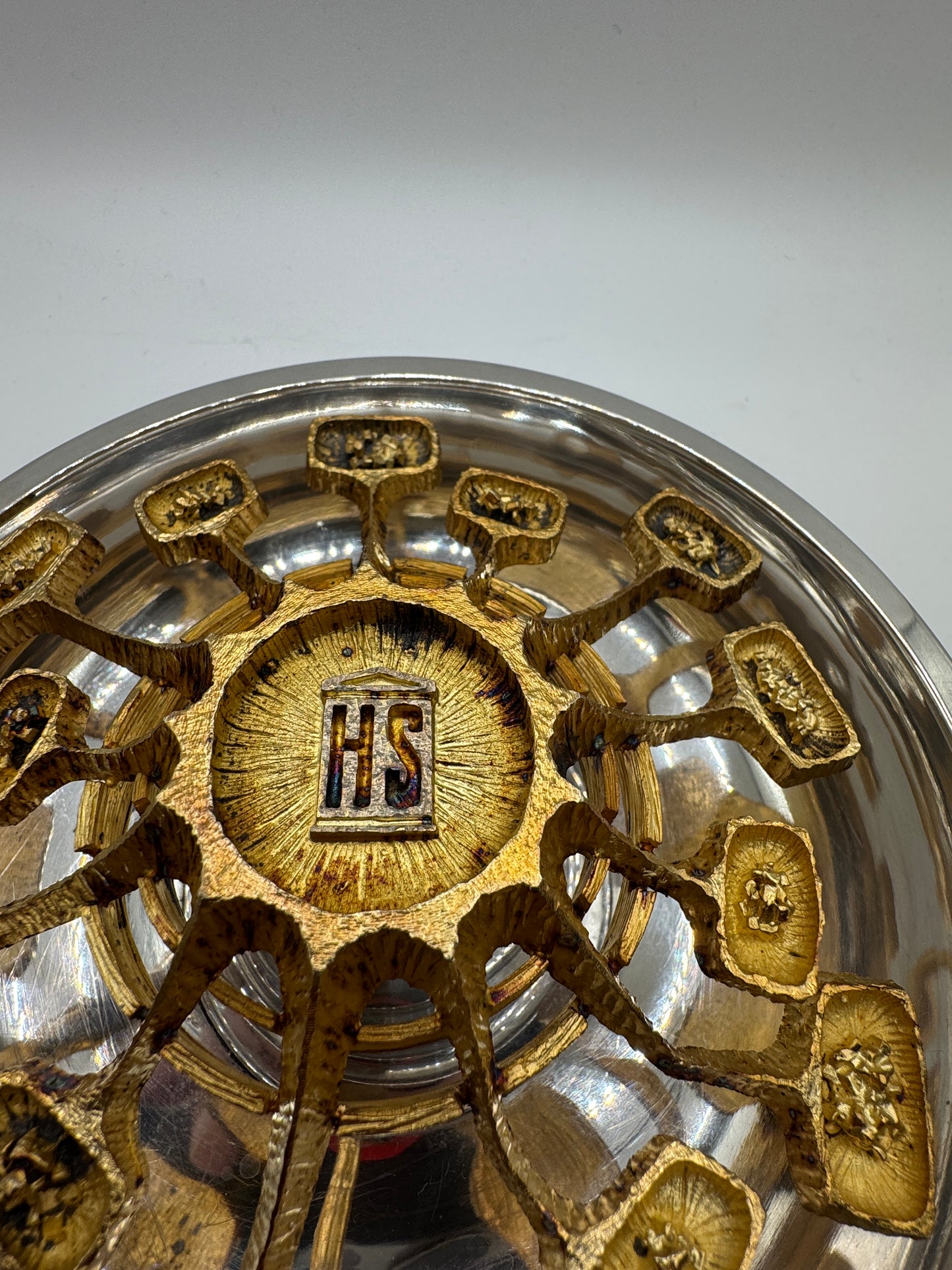 Brutalist Solid Silver Rose Bowl by Christopher Lawrence – London 1973, Hallmarked, Silver Gilt Centre