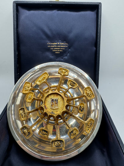 Brutalist Solid Silver Rose Bowl by Christopher Lawrence – London 1973, Hallmarked, Silver Gilt Centre