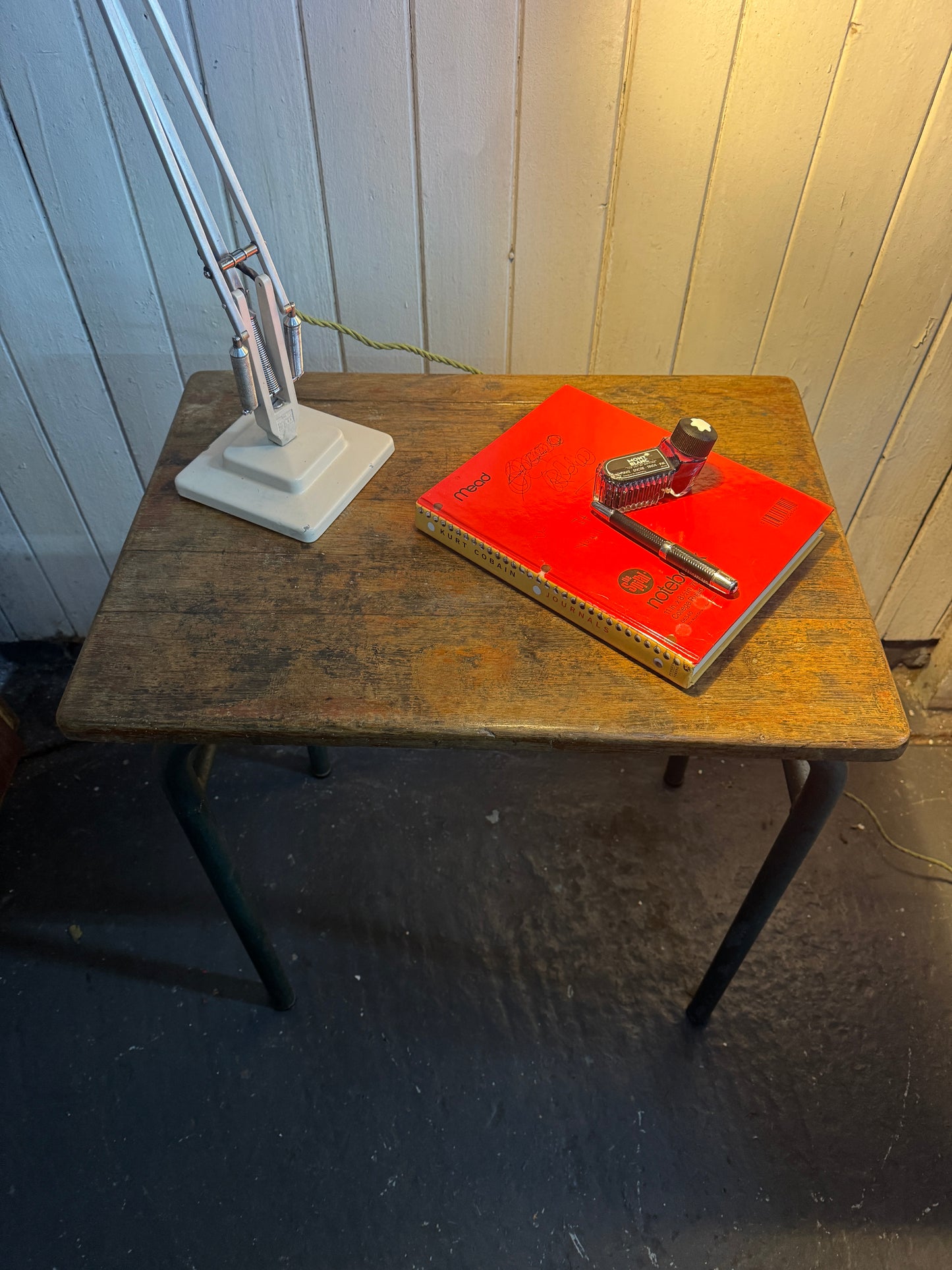 Vintage French Industrial School Desk | Original Patina | Green Metal Legs & Solid Wood Top