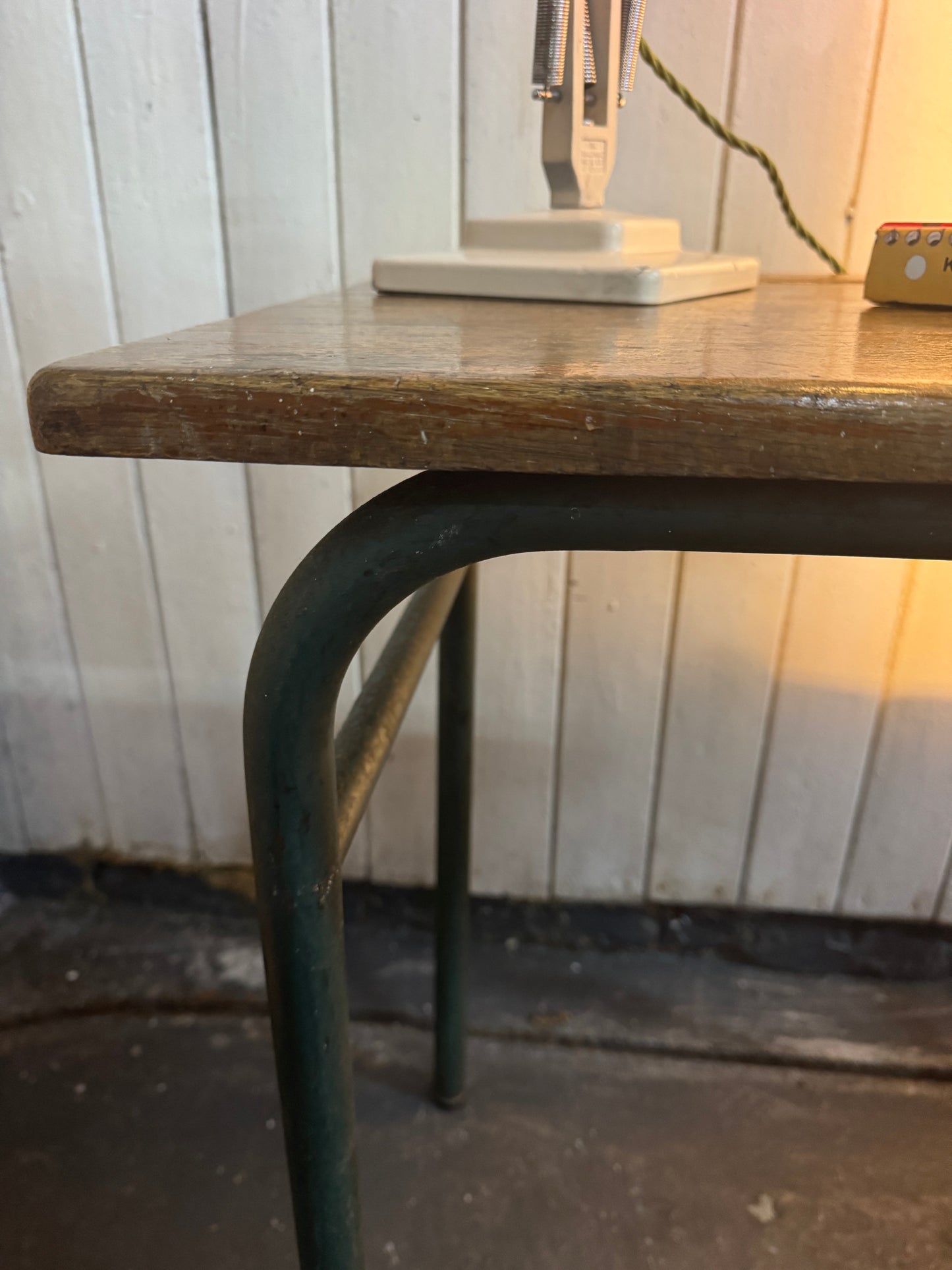 Vintage French Industrial School Desk | Original Patina | Green Metal Legs & Solid Wood Top