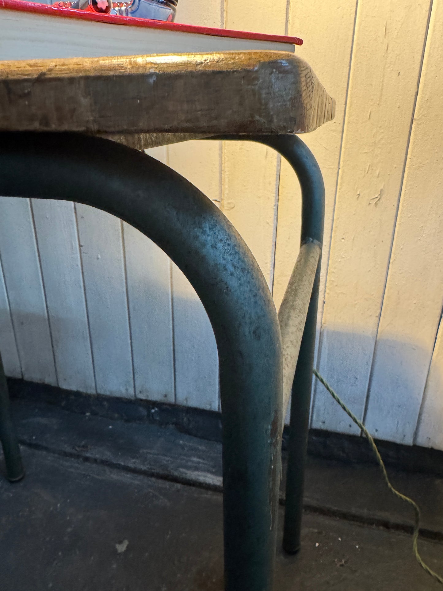 Vintage French Industrial School Desk | Original Patina | Green Metal Legs & Solid Wood Top